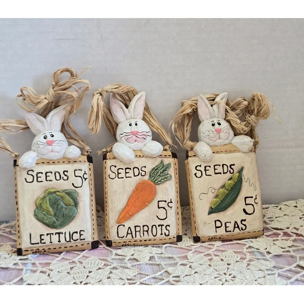 Easter Bunny Seed Packet‎ Ornaments Hanging Set 3 Raffia Bow Resin Rustic